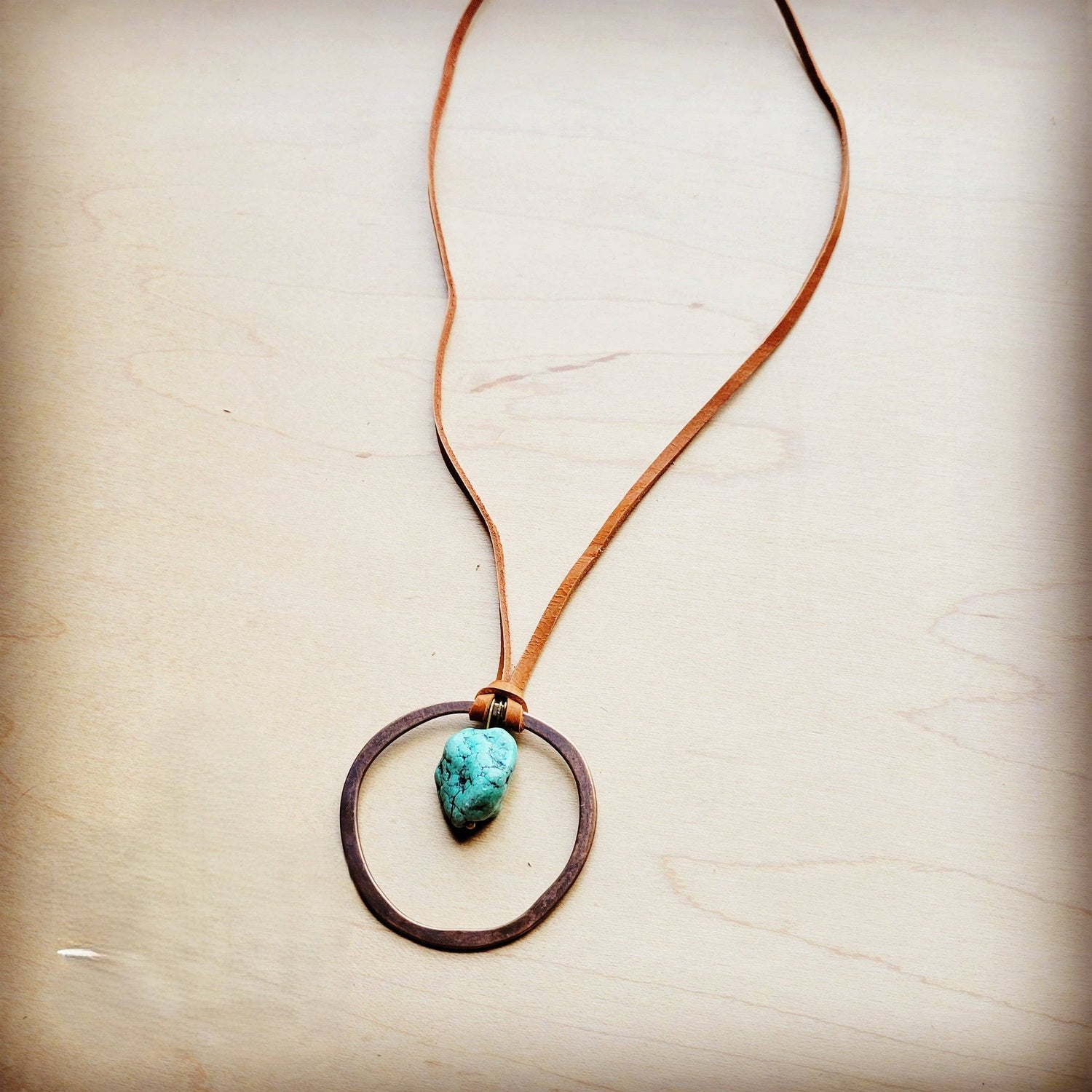 Leather Cord Necklace Antique Gold Hoop &amp; Natural Turquoise