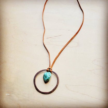 Leather Cord Necklace Antique Gold Hoop &amp; Natural Turquoise