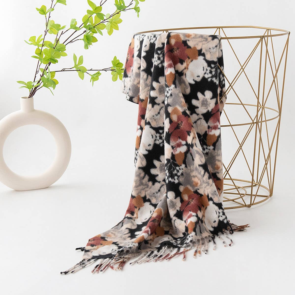 Floral Faux Cashmere Scarf——Soft Warm Tassel Shawl
