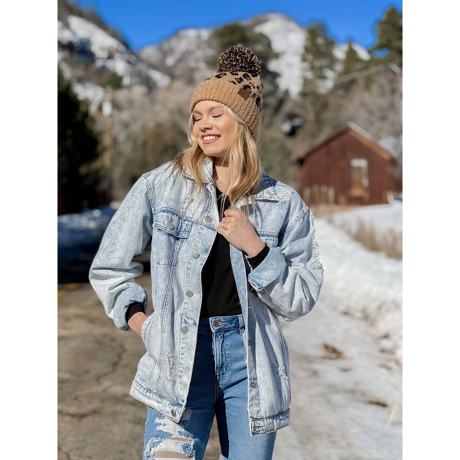 Leopard Boucle Knit POM CC Beanie