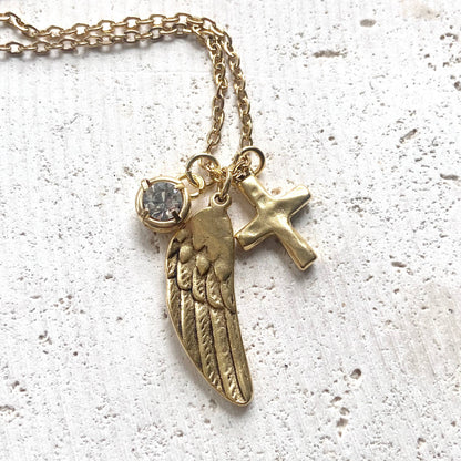 Angel wing cross crystal cluster necklace handmade jewelry 