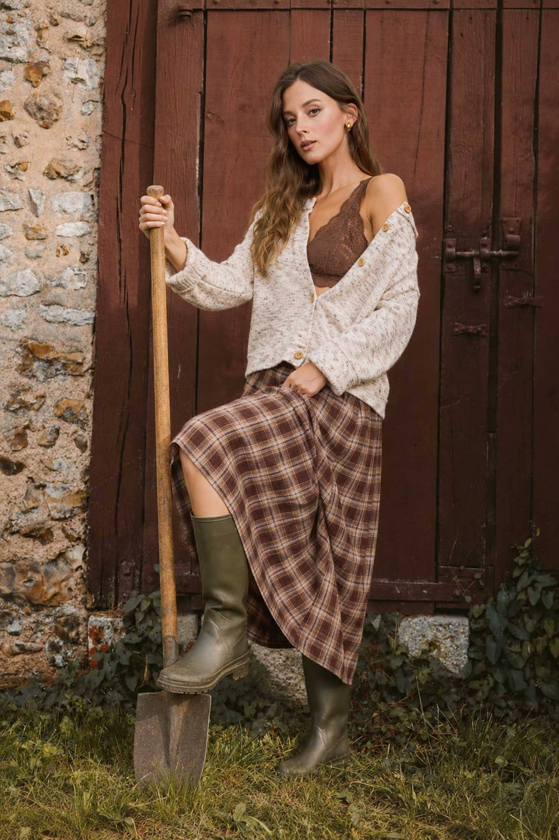 Olive Plaid Pleated Midi Skirt