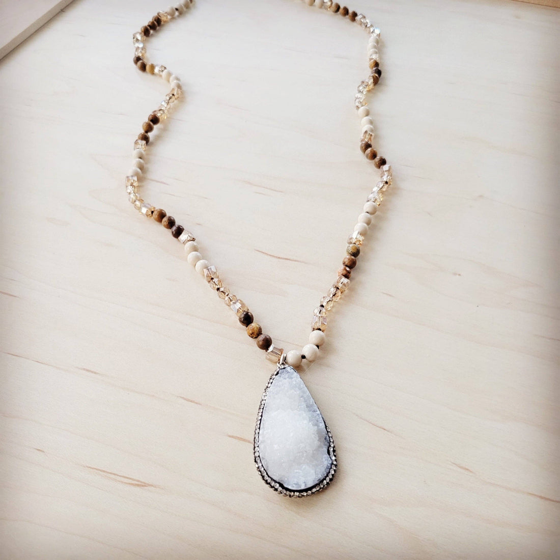 Picture Jasper Beaded Necklace w/ Druzy Pendant
