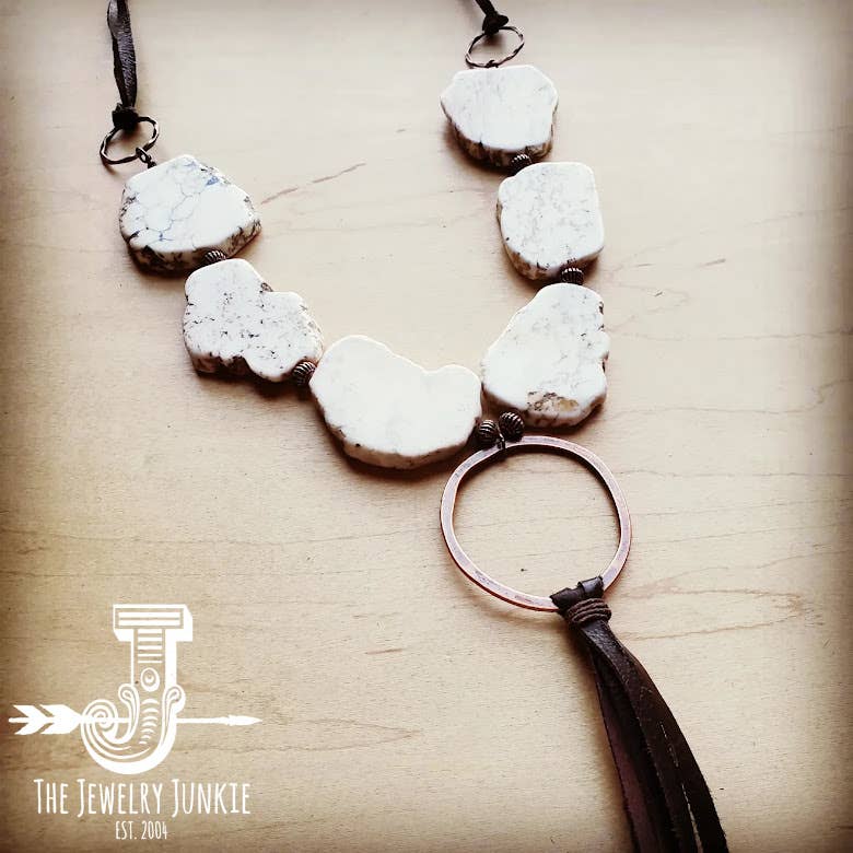 White Turquoise Chunky Necklace w/ Long Leather Tassel