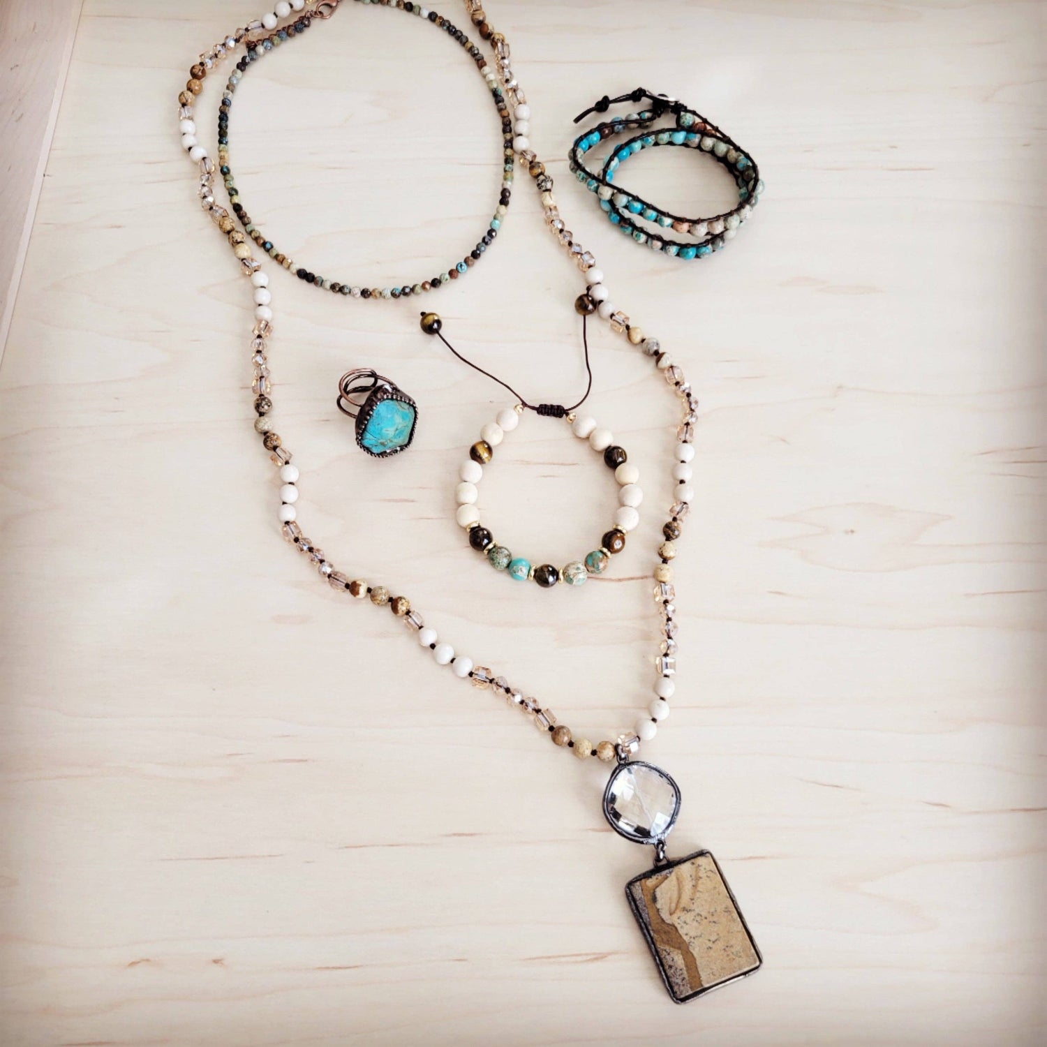 Picture Jasper &amp; Crystal Long Beaded Necklace w/ Jasper Pendant