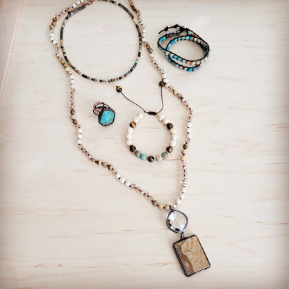 Picture Jasper &amp; Crystal Long Beaded Necklace w/ Jasper Pendant