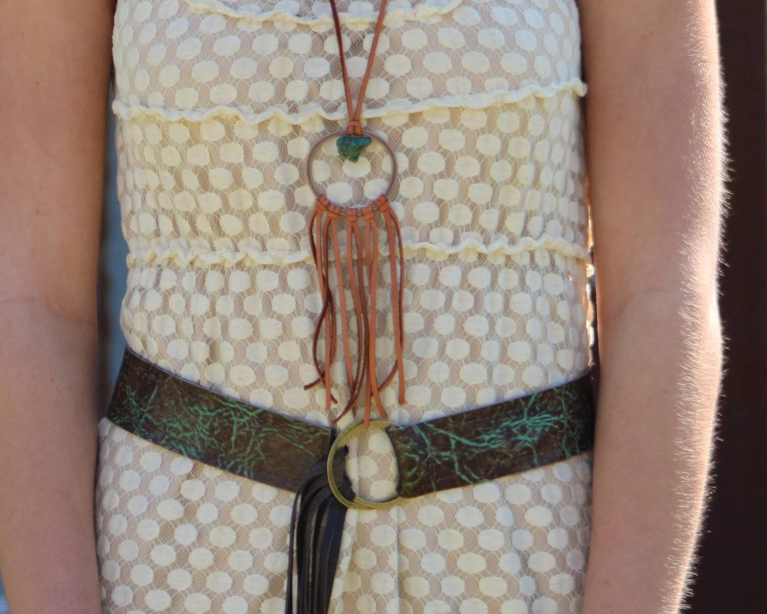 Tan Leather Dream Catcher Necklace with Natural Turquoise
