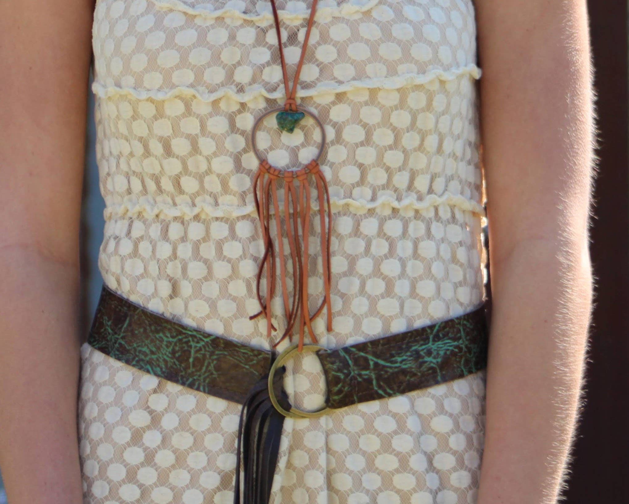 Tan Leather Dream Catcher Necklace with Natural Turquoise