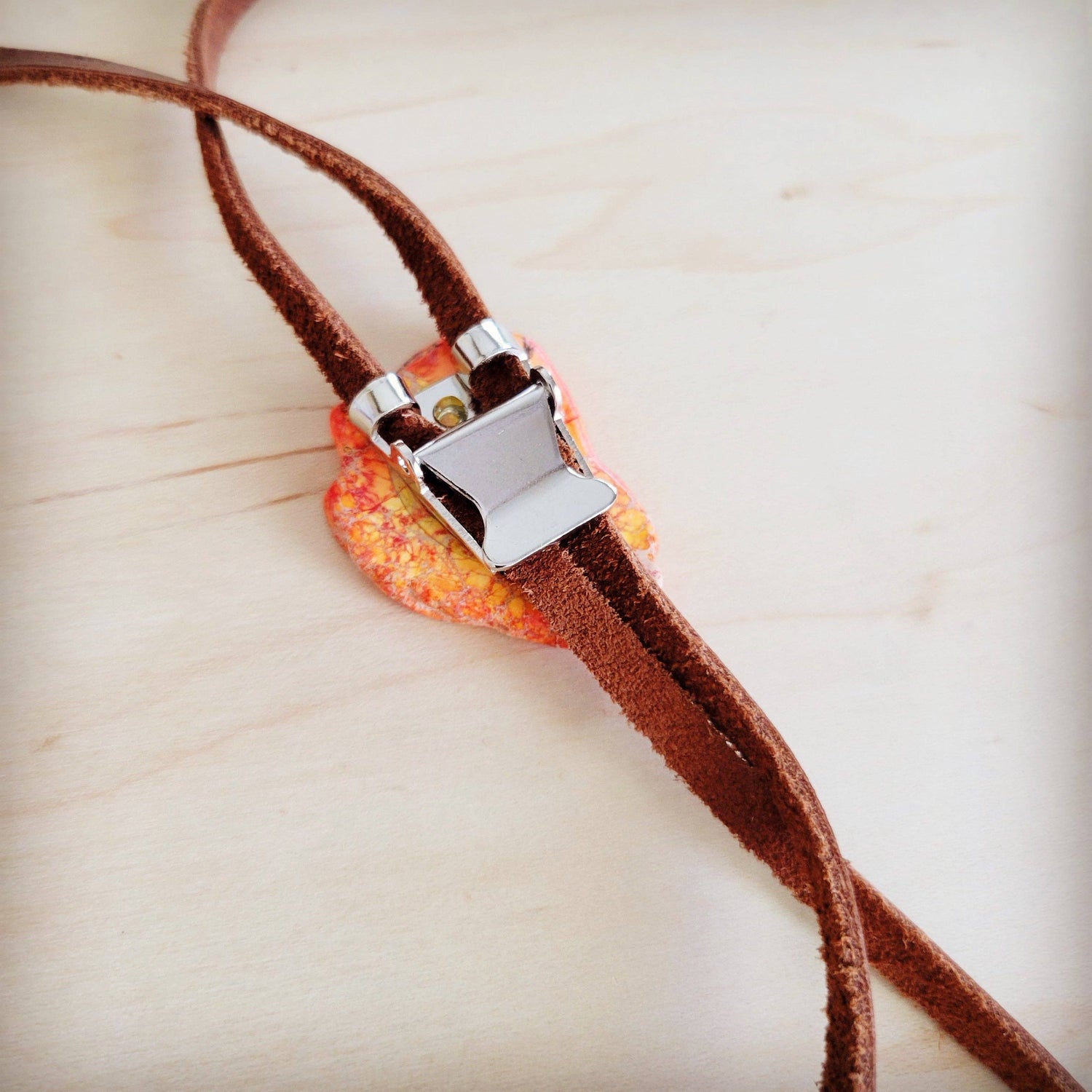 Leather Lariat Boho Necklace w/ Orange Regalite Slab Accent
