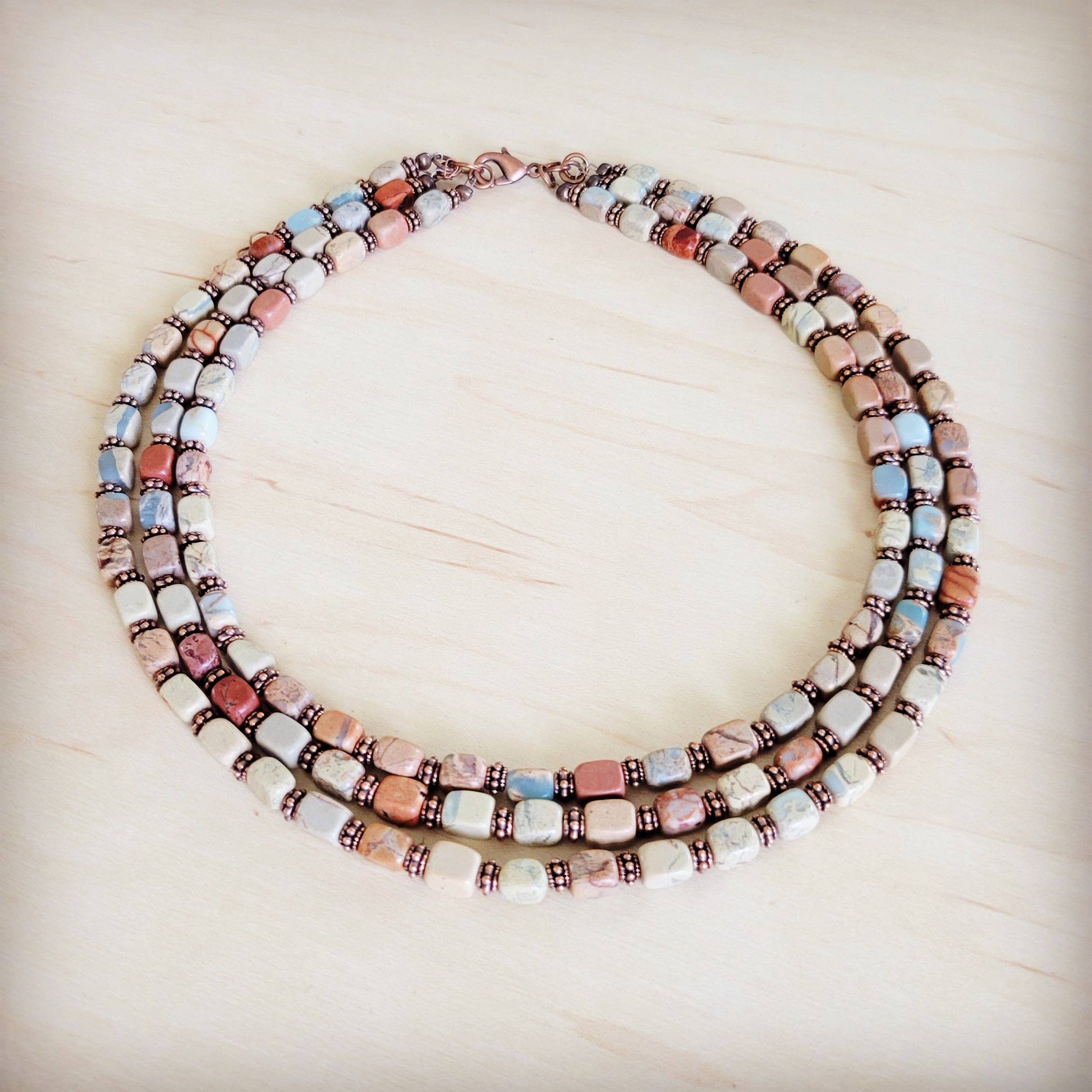 Triple Strand Layered Boho Aqua Terra &amp; Copper Necklace