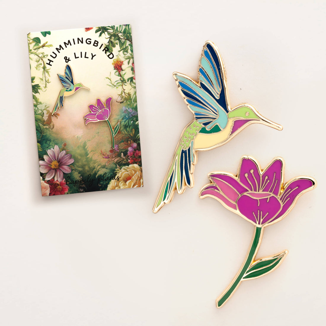 Hummingbird &amp; Pink Lily Flower Pin Set