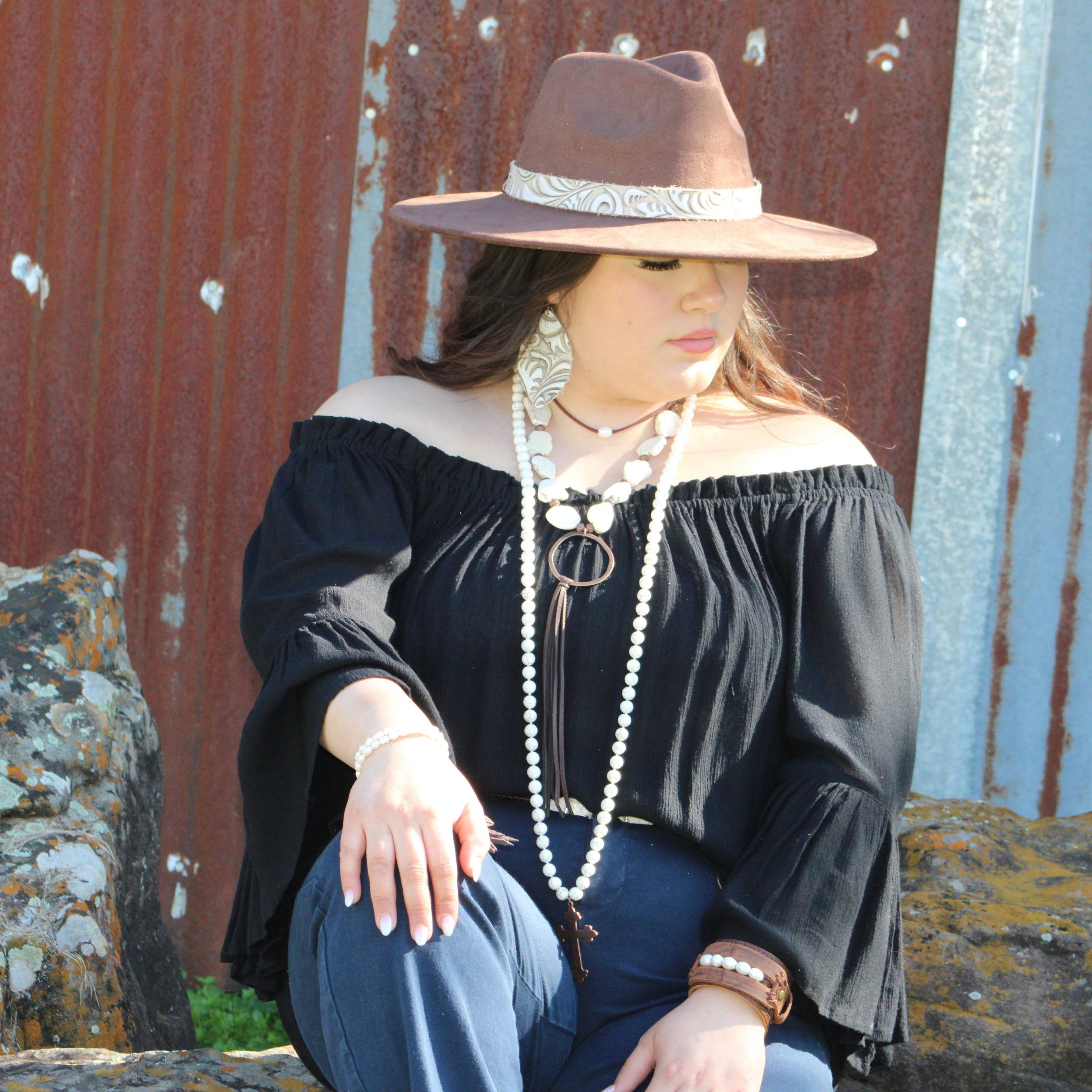 White Turquoise Chunky Necklace w/ Long Leather Tassel