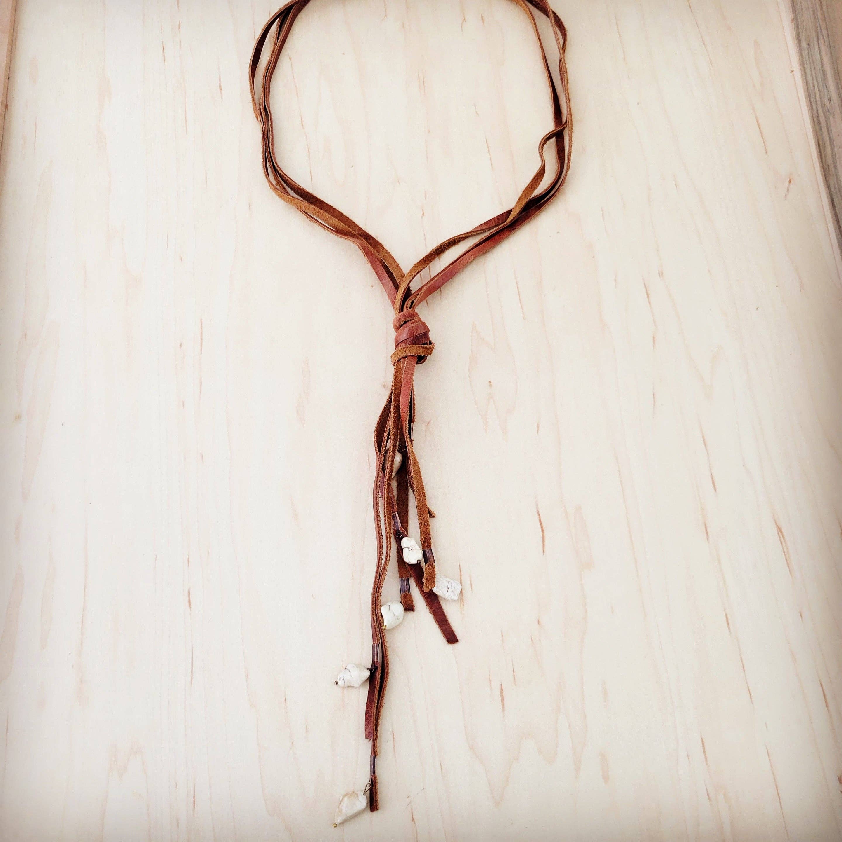 Rustic Knotted Leather Cord Necklace with White Turquoise