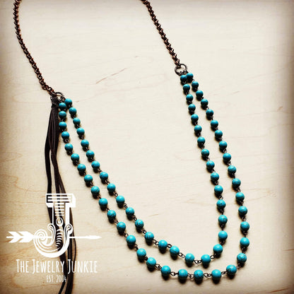 Double Strand Blue Turquoise Beaded Necklace, Leather Tassel