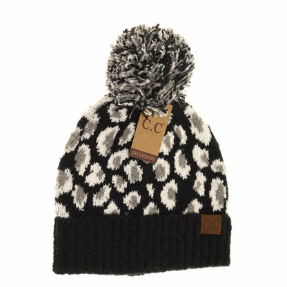 Leopard Boucle Knit POM CC Beanie