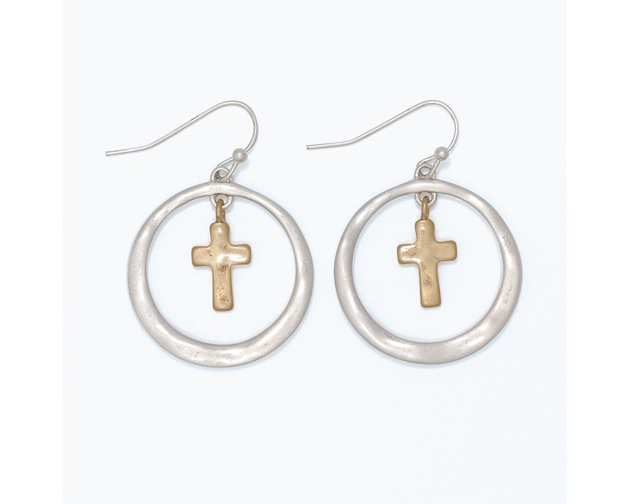 Earrings Hammered Matte Cross Two Tone