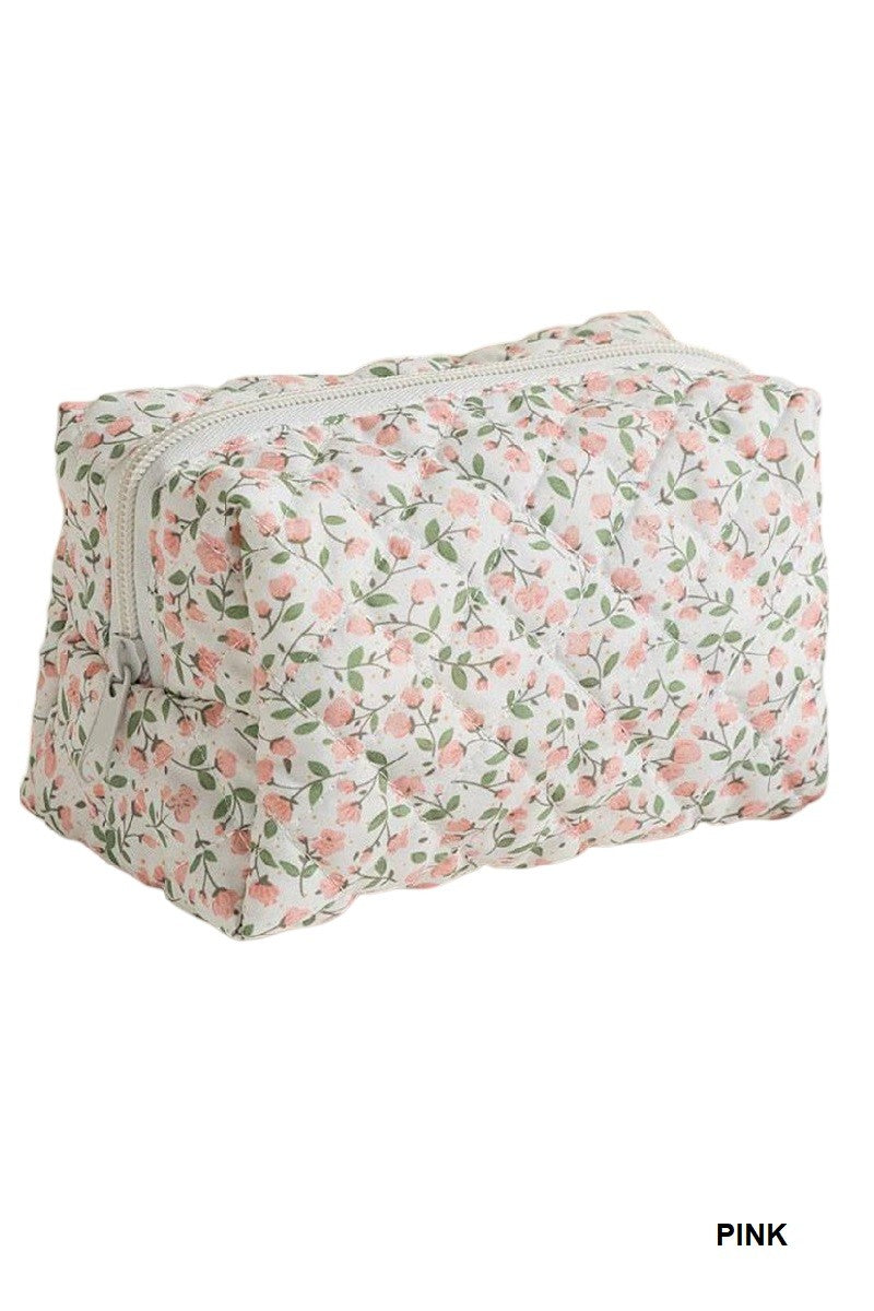 Quilted floral cosmetic pouch