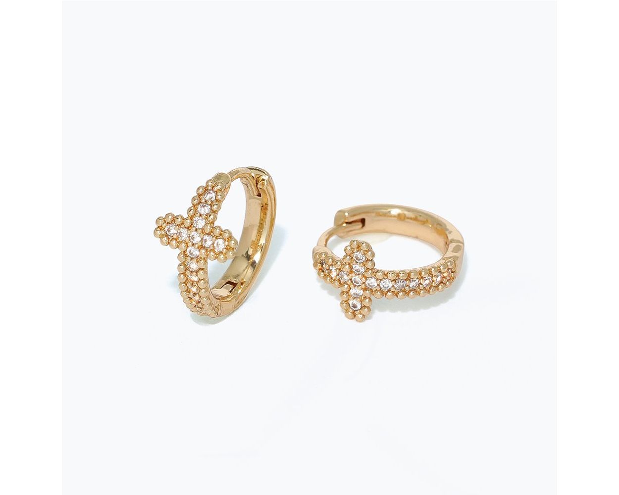 Earrings Gold Cross Huggies with CZ