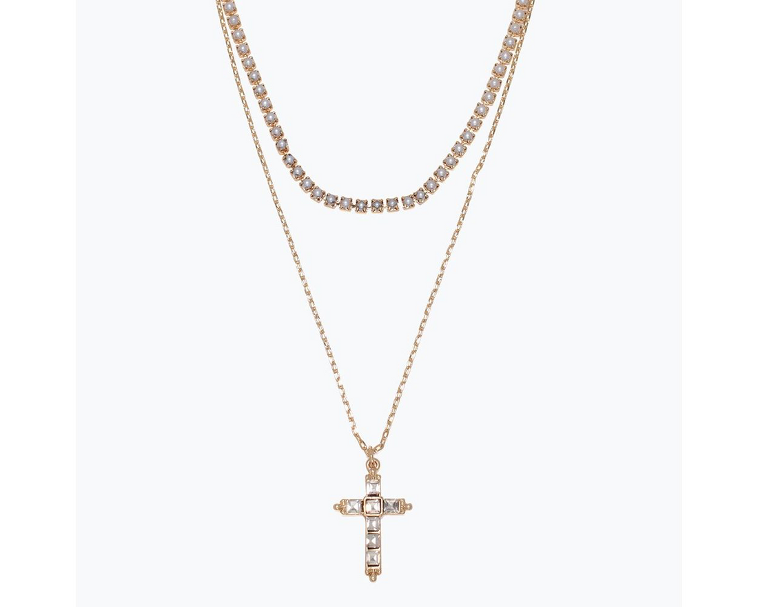 Gold Pearls and Crystal Cross Necklace