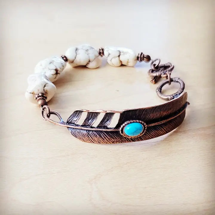 White Chunky Turquoise Beaded bracelet on Copper Feather