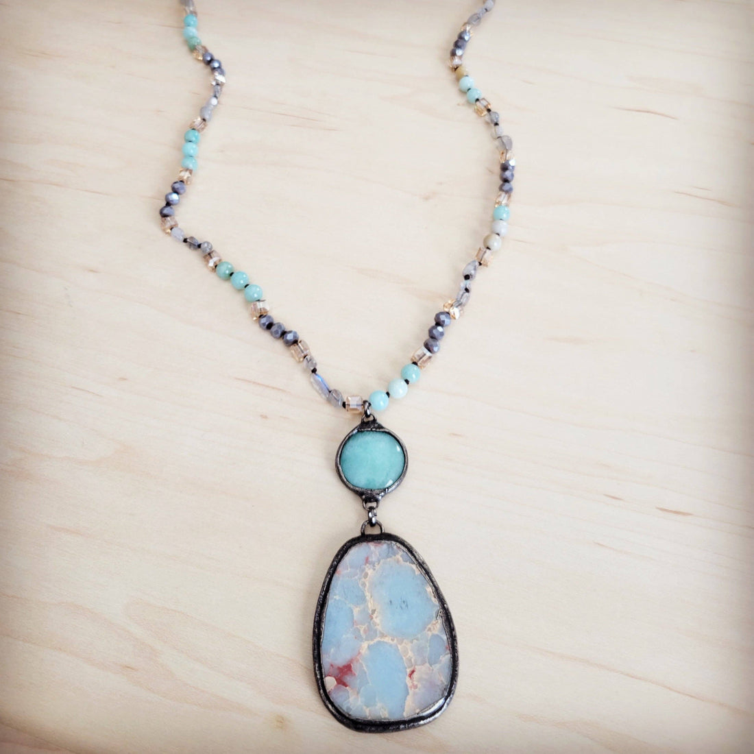 Amazonite &amp; Crystal Long Beaded Necklace w/ Large Jasper Pe