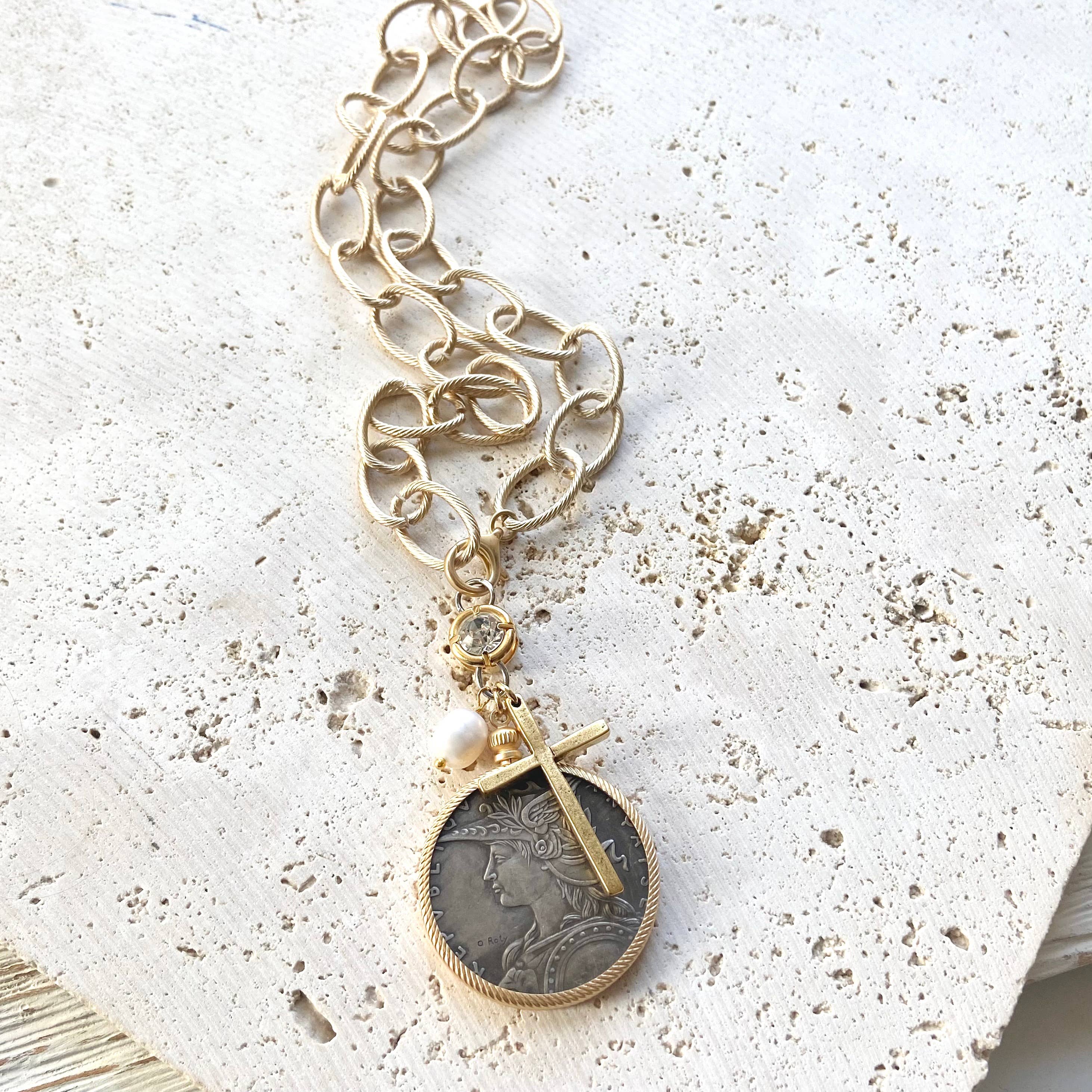 Chunky coin necklace cross matte gold jewelry