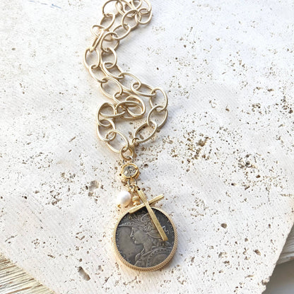 Chunky coin necklace cross matte gold jewelry