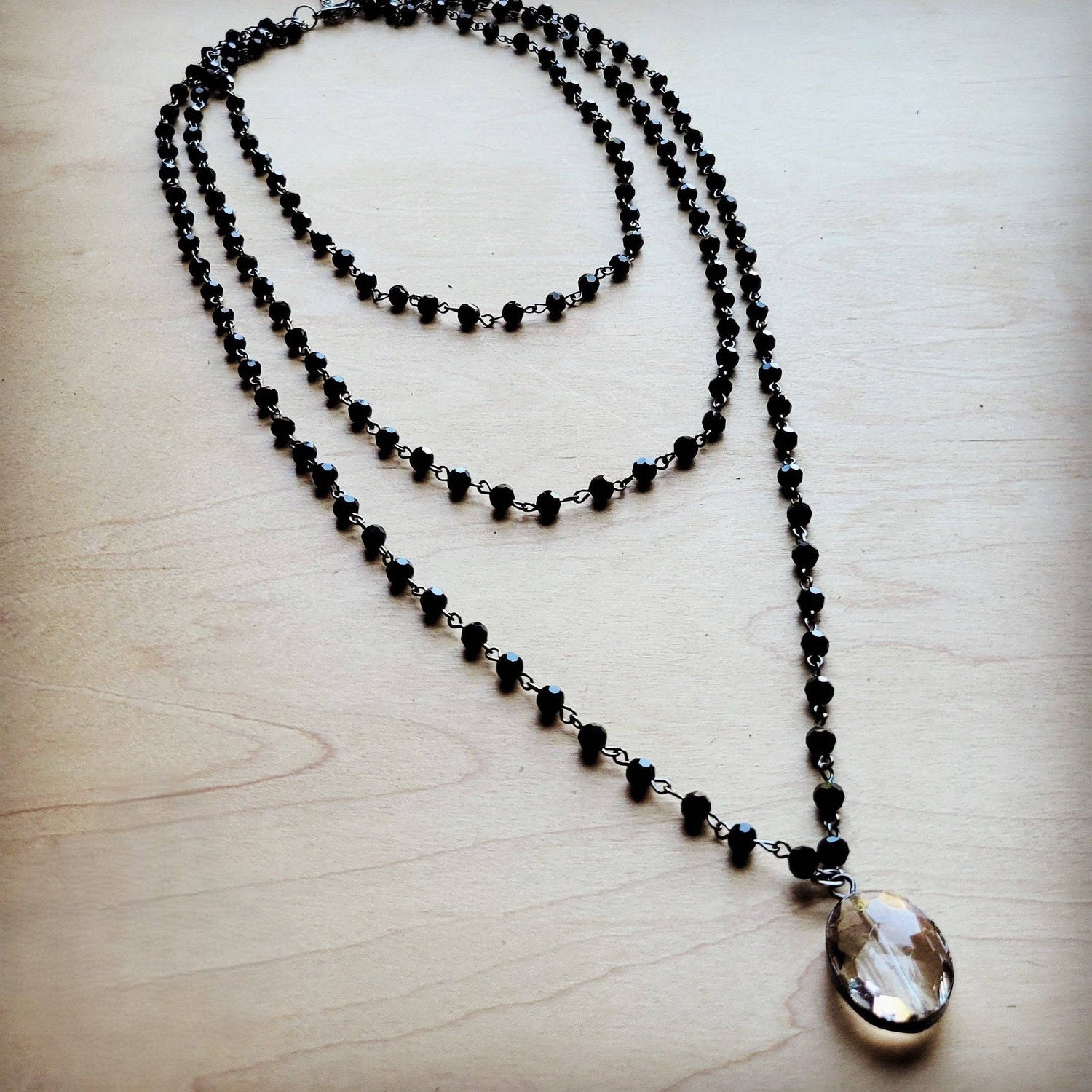 Faceted Glass Beaded Triple Strand Layering Necklace w/ Pendant