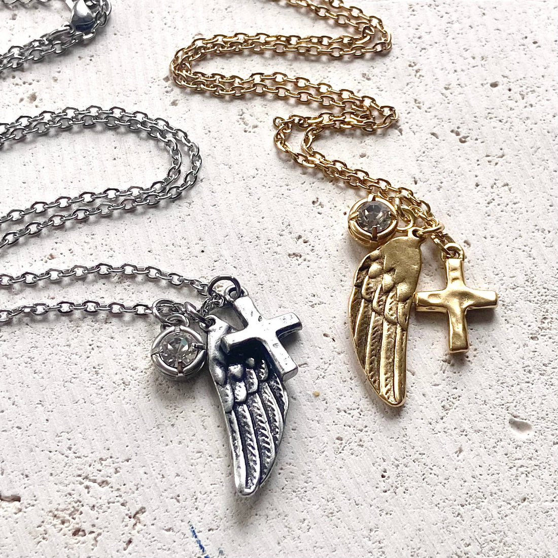 Angel wing cross crystal cluster necklace handmade jewelry 