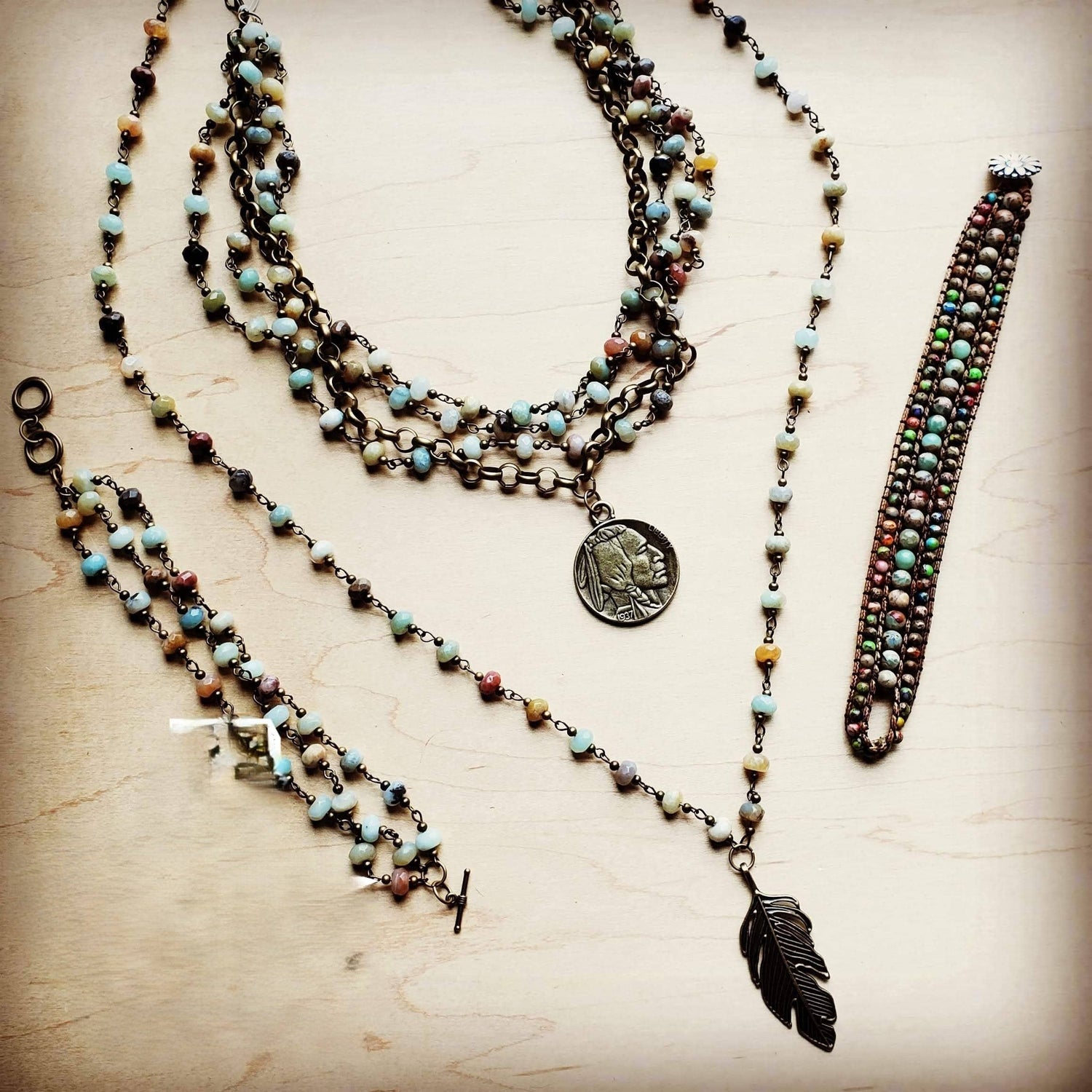 Amazonite Beaded Necklace with Antique Gold Feather