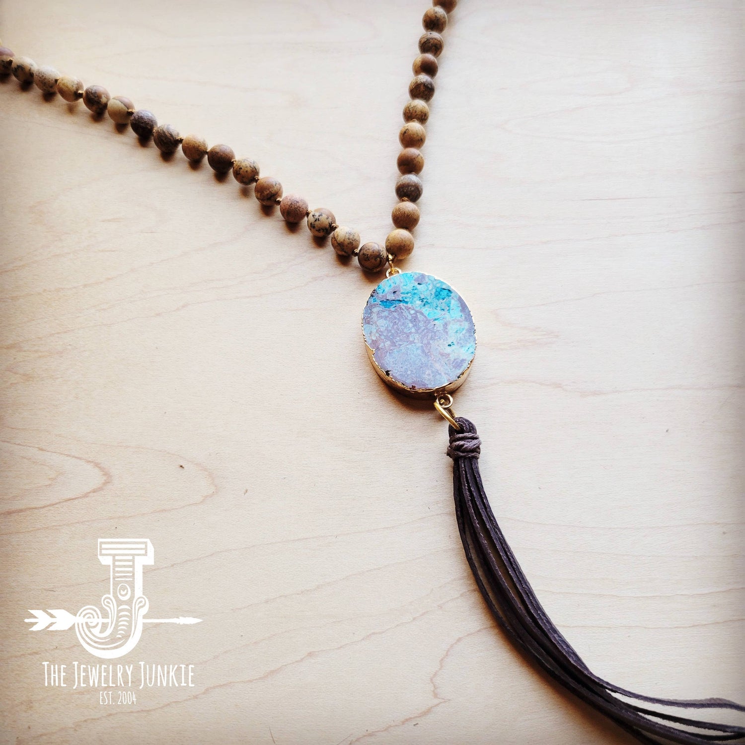 Bohemian Beaded Jasper Necklace w/ Ocean Agate Pendant 245u