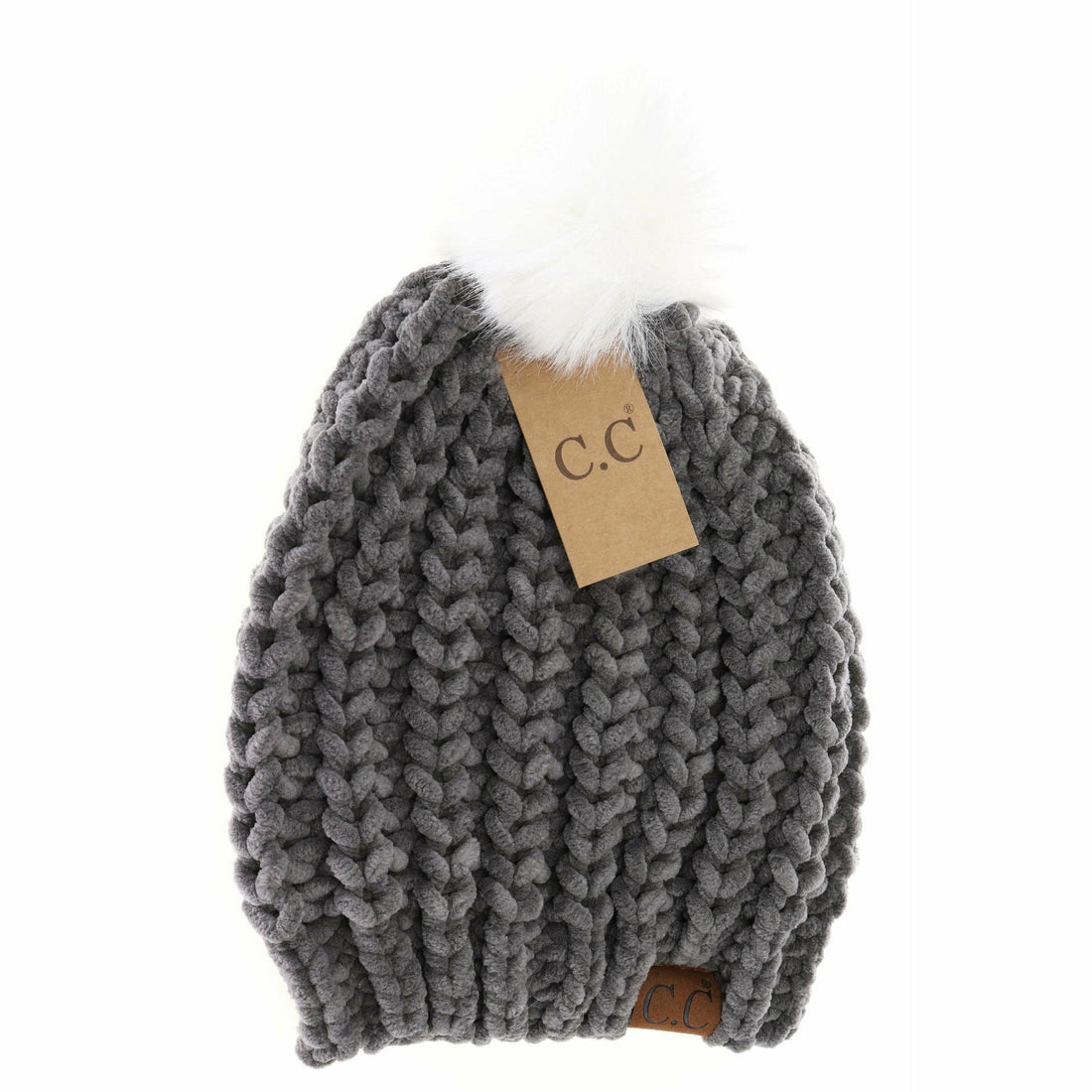 Chenille Chunky Knit Faux Fur Pom C.C Beanie