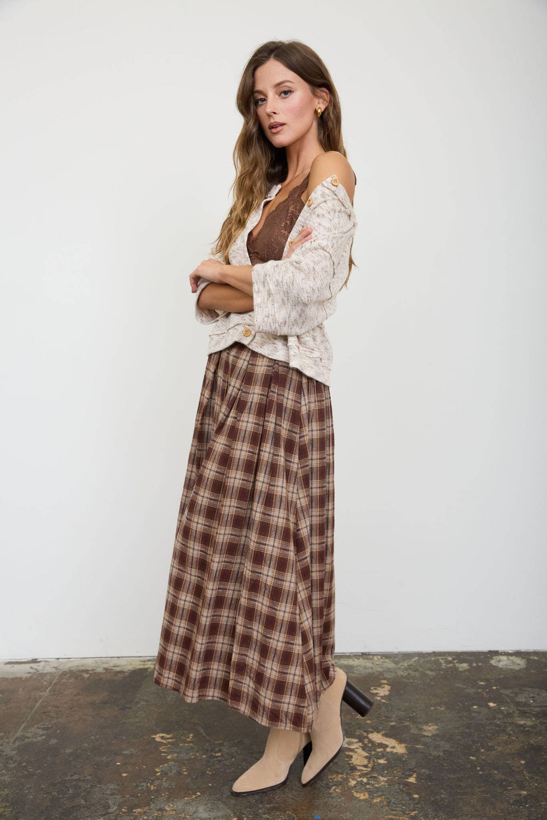 Olive Plaid Pleated Midi Skirt