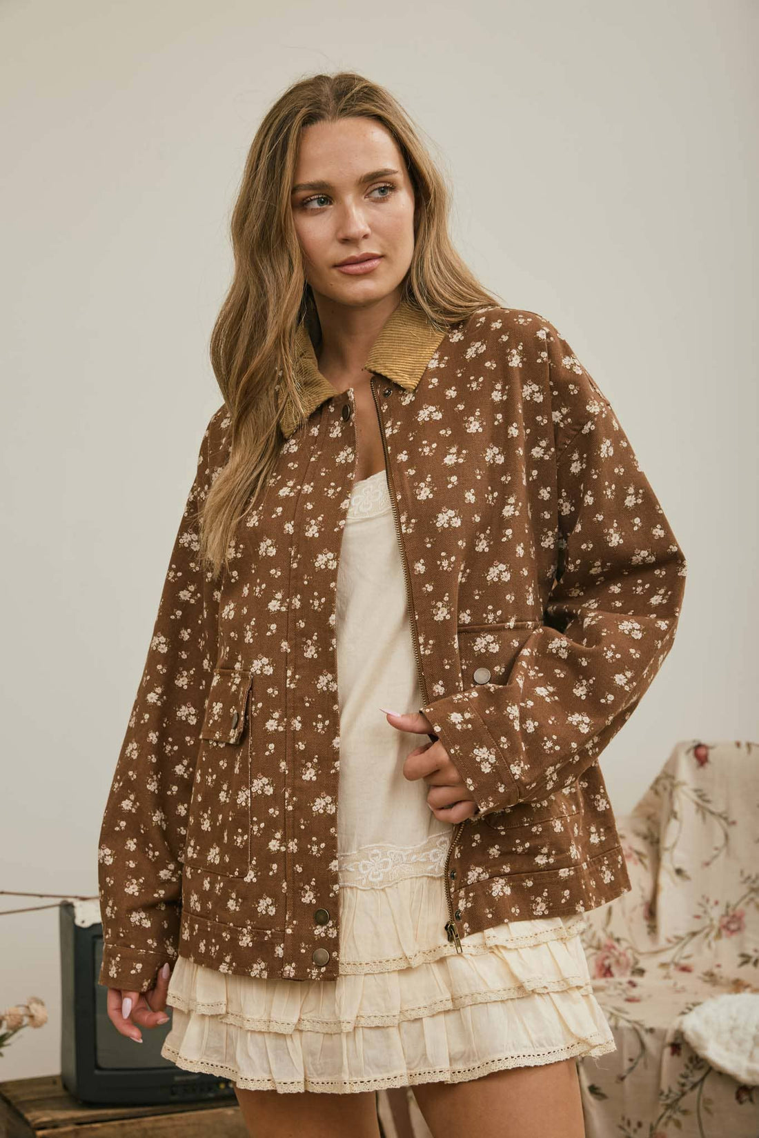 Sadie Floral Corduroy Collar Denim Jacket