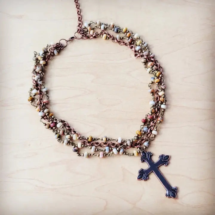 Natural Agate Beaded Collar Necklace/Cross Pendant
