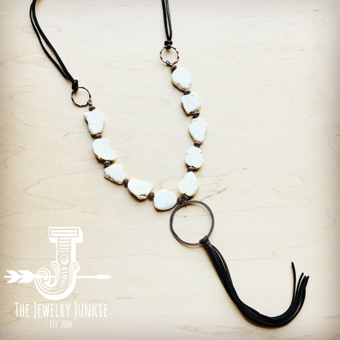 White Turquoise Chunky Necklace w/ Long Leather Tassel