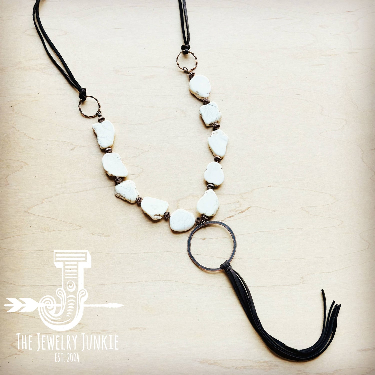 White Turquoise Chunky Necklace w/ Long Leather Tassel