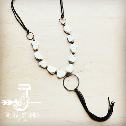 White Turquoise Chunky Necklace w/ Long Leather Tassel