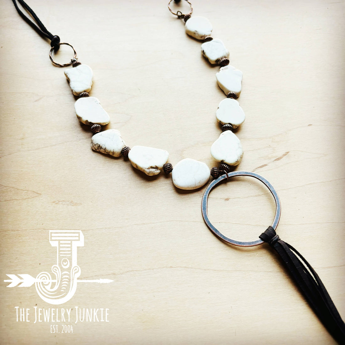 White Turquoise Chunky Necklace w/ Long Leather Tassel