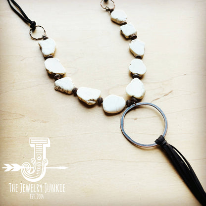 White Turquoise Chunky Necklace w/ Long Leather Tassel