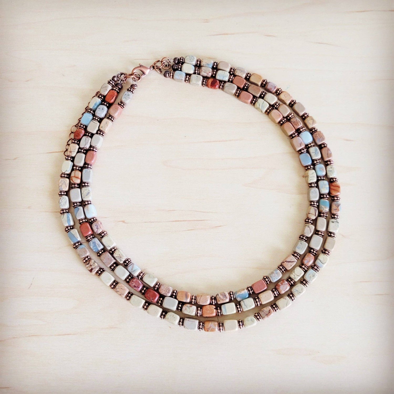 Triple Strand Layered Boho Aqua Terra &amp; Copper Necklace