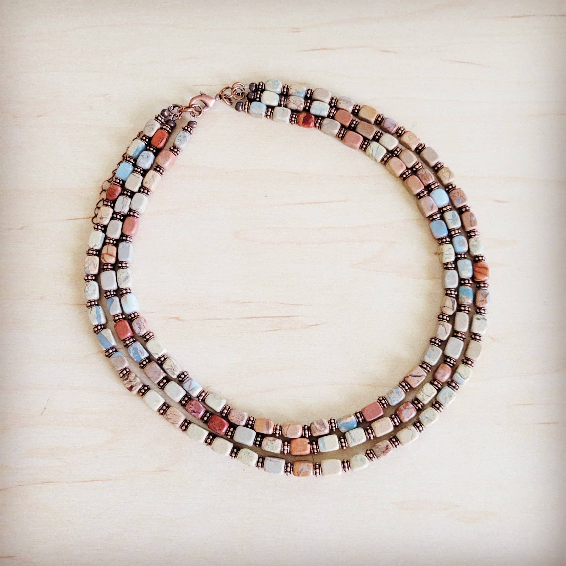Triple Strand Layered Boho Aqua Terra &amp; Copper Necklace