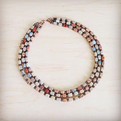 Triple Strand Layered Boho Aqua Terra &amp; Copper Necklace