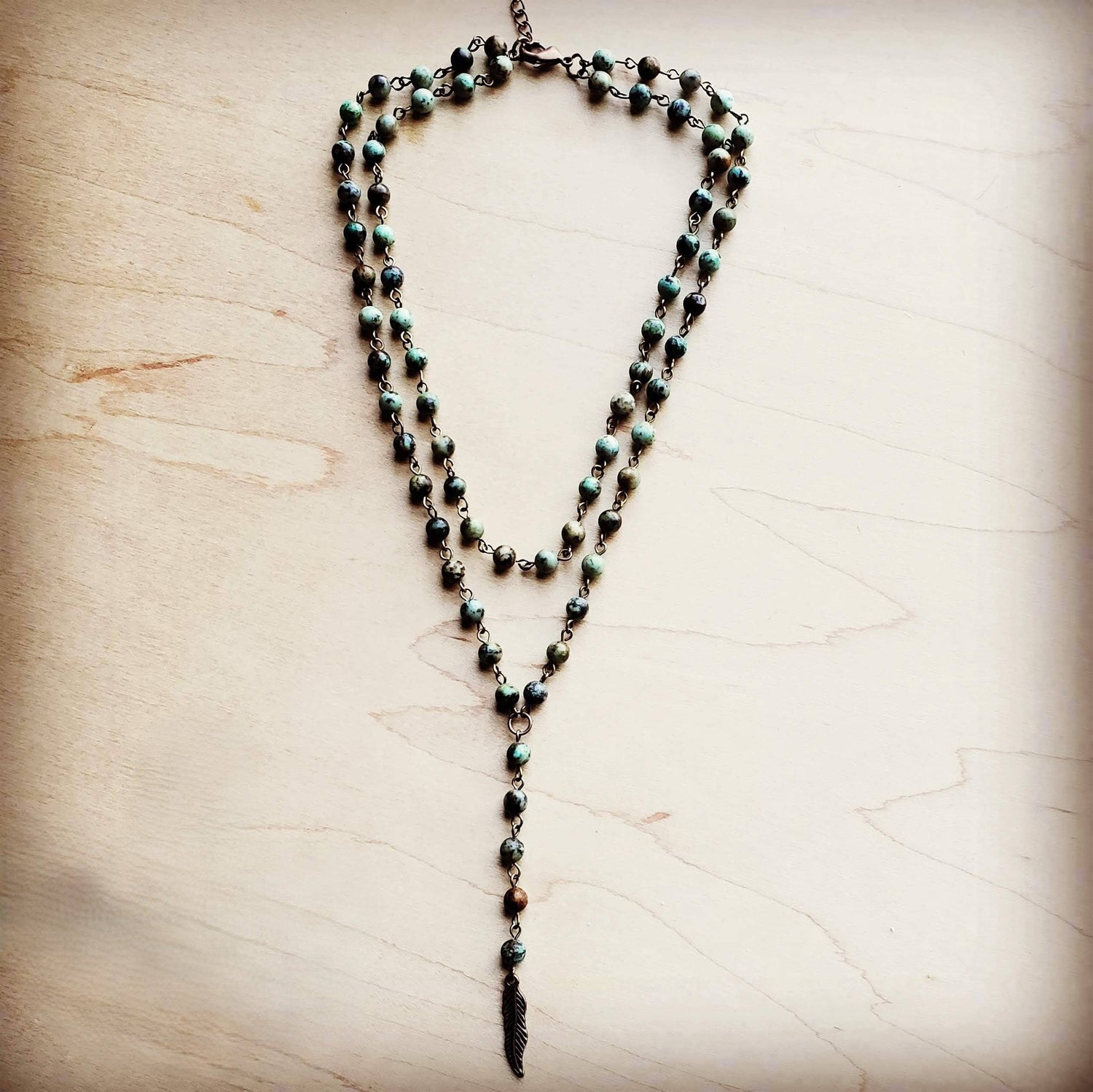 Double Strand Lariat African Turquoise Necklace w/ Copper Feather