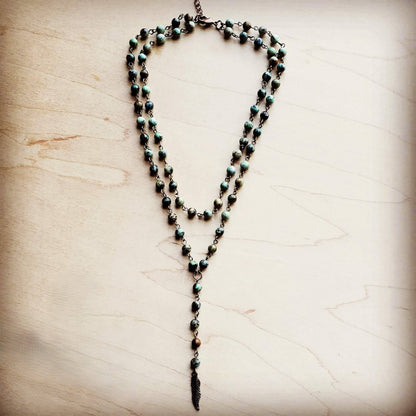 Double Strand Lariat African Turquoise Necklace w/ Copper Feather