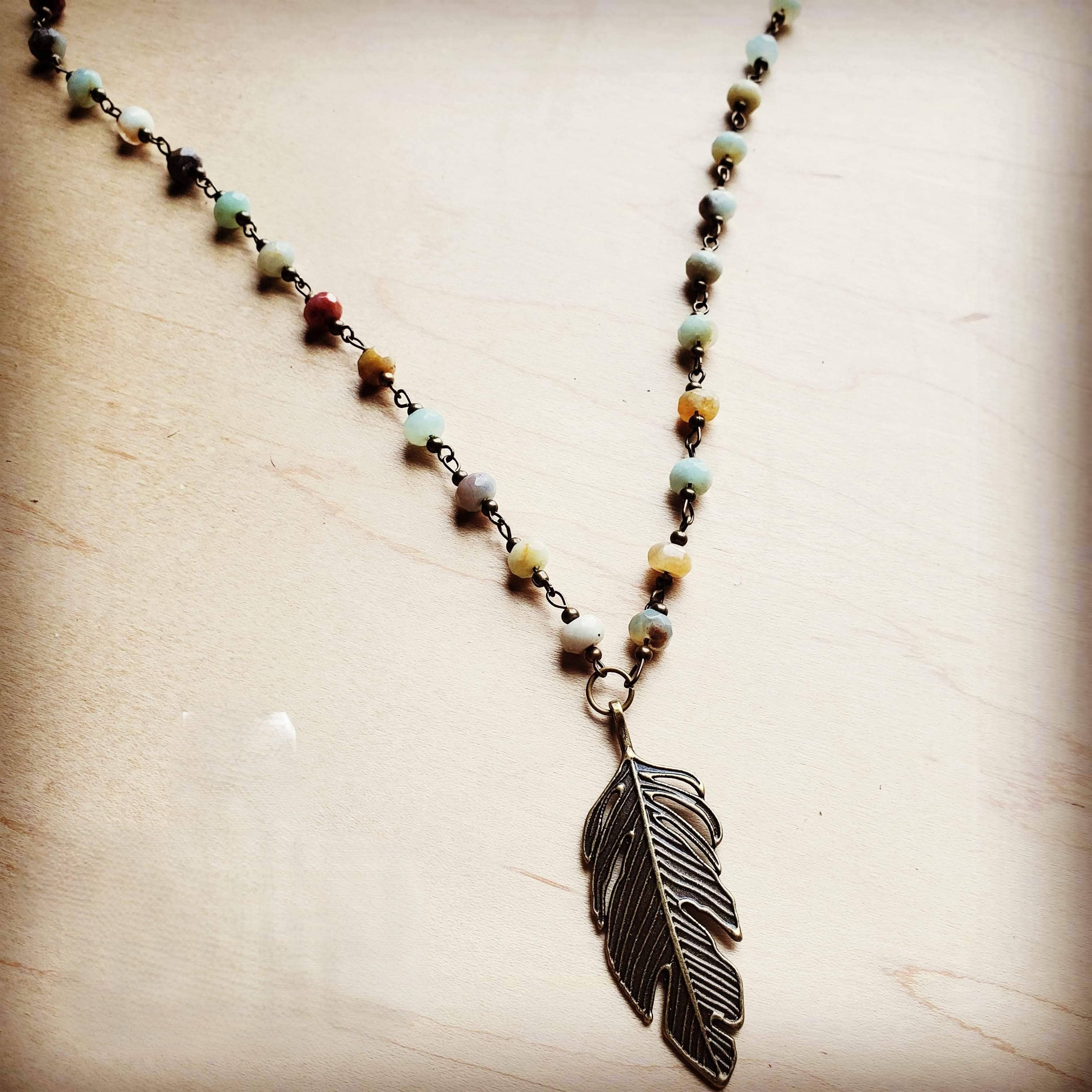 Amazonite Beaded Necklace with Antique Gold Feather