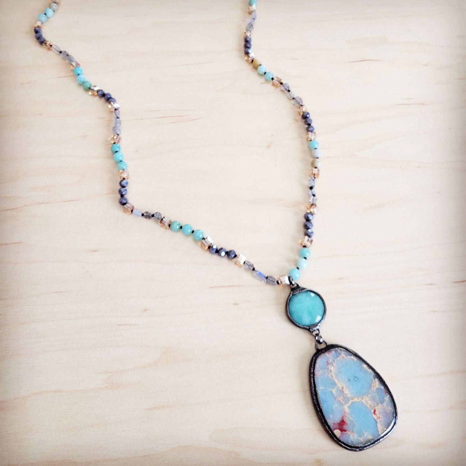 Amazonite &amp; Crystal Long Beaded Necklace w/ Large Jasper Pe