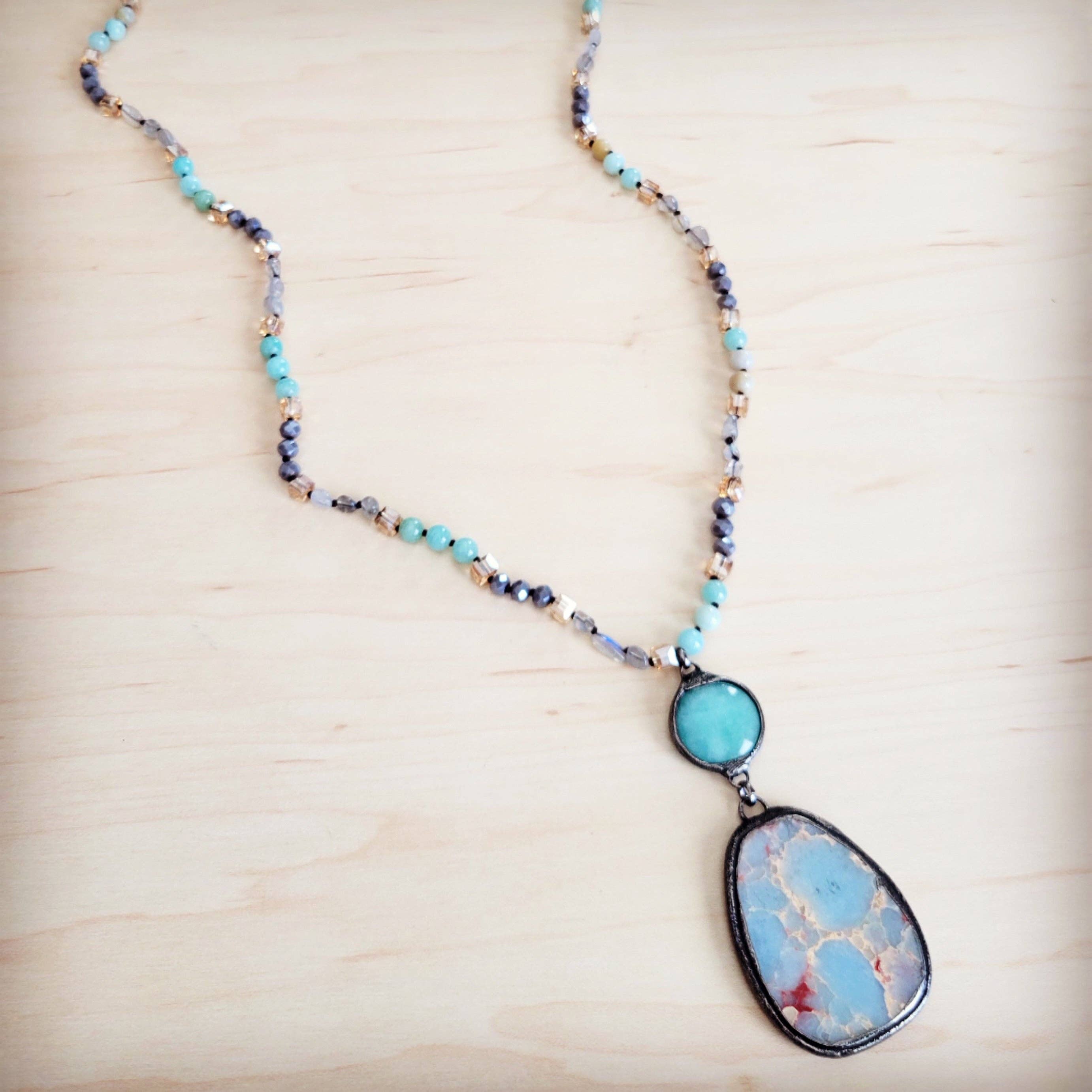 Amazonite &amp; Crystal Long Beaded Necklace w/ Large Jasper Pe