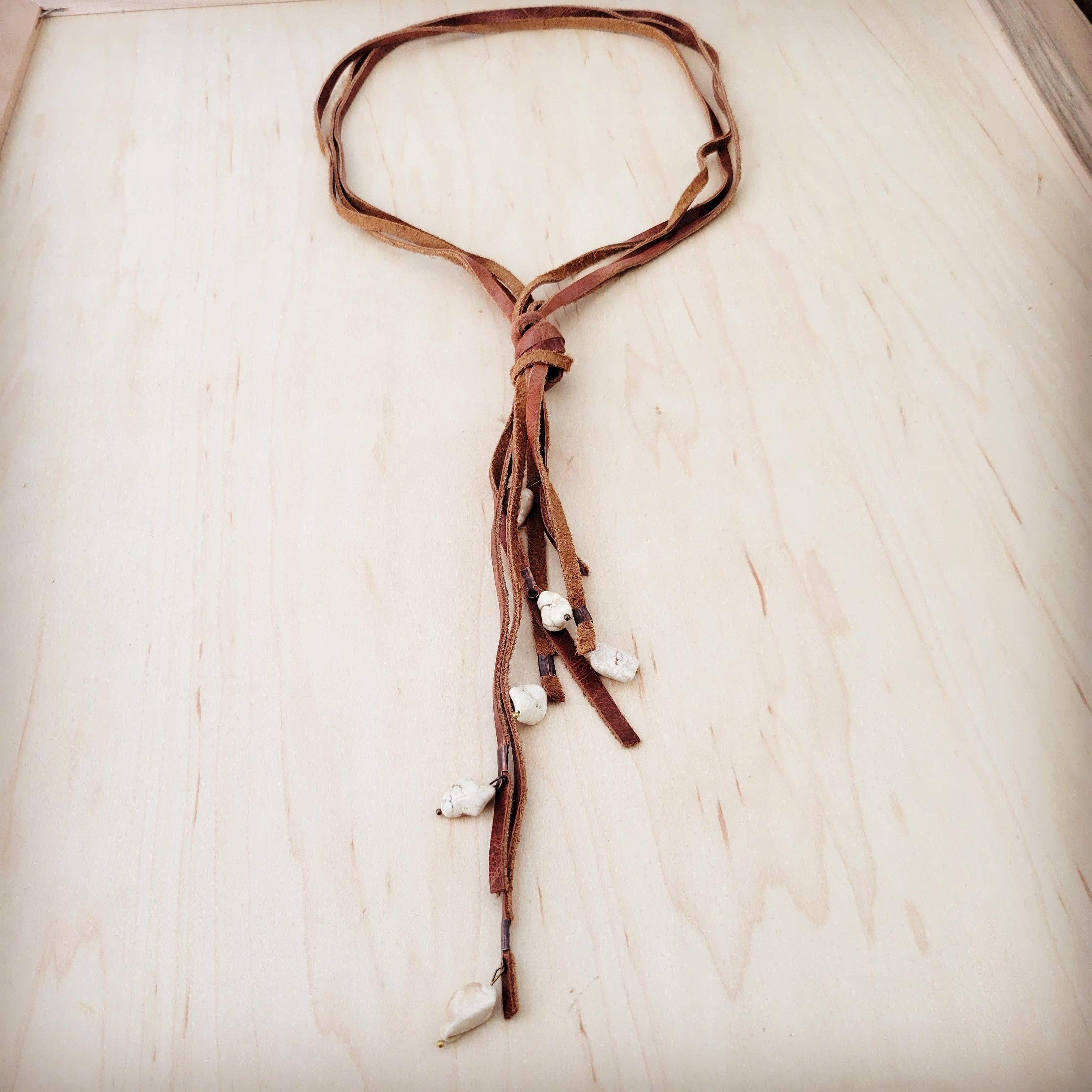 Rustic Knotted Leather Cord Necklace with White Turquoise