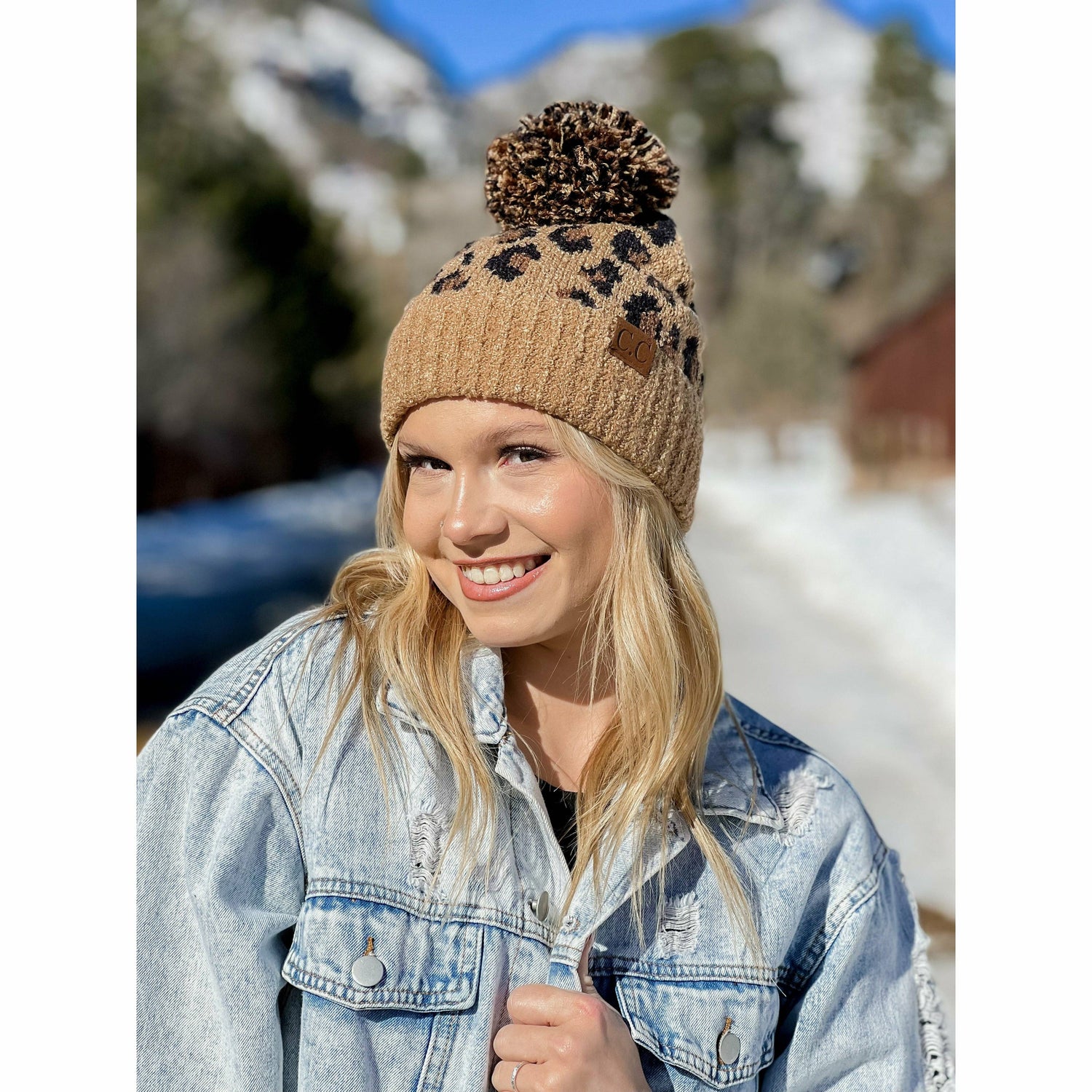 Leopard Boucle Knit POM CC Beanie